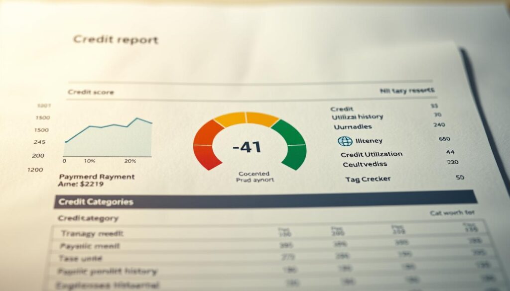 A well-designed credit report with a clean, modern layout, showing a credit score prominently displayed in the center. The background features a subtle graph or chart visualizing credit utilization and payment history trends over time. The foreground includes detailed information on credit categories, with clear icons and labels. The lighting is soft and diffused, creating a professional, authoritative atmosphere. The overall composition is balanced, drawing the eye to the key credit score metric. The image conveys a sense of financial responsibility and positive credit management.