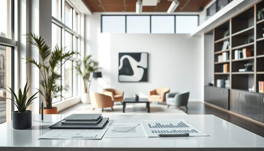 A well-designed, modern office interior with large windows bathed in natural light. In the foreground, a sleek, minimalist desk with a laptop, pen holder, and a potted plant. On the desk, financial documents and charts displaying upward trending growth lines, symbolizing "sissetulekute suurendamine". In the middle ground, a comfortable seating area with plush chairs and a coffee table, inviting contemplation. The background features built-in bookshelves and abstract artwork, evoking a sense of professionalism and creativity. The overall atmosphere is one of productive focus, financial success, and thoughtful decision-making.