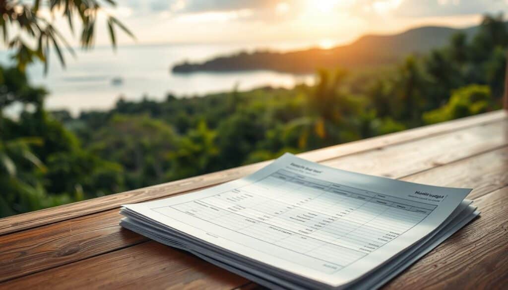 A well-designed monthly budget, meticulously crafted, rests on a solid wooden table. The pages are neatly organized, with categories and figures precisely arranged. The lighting is soft and warm, creating a sense of focus and clarity. In the background, a serene Filipino landscape unfolds, with lush greenery and a tranquil body of water, symbolizing the financial security and stability the budget can bring. The overall atmosphere conveys a feeling of control, preparedness, and the promise of financial freedom.