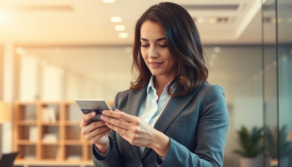A well-dressed business person, standing in a modern office setting, holding a credit card and reviewing its various benefits and rewards. The lighting is warm and inviting, with a slightly blurred background to focus attention on the card and the person's contemplative expression. The overall scene conveys the idea of maximizing the value of a credit card through thoughtful usage and engagement with bonus programs.