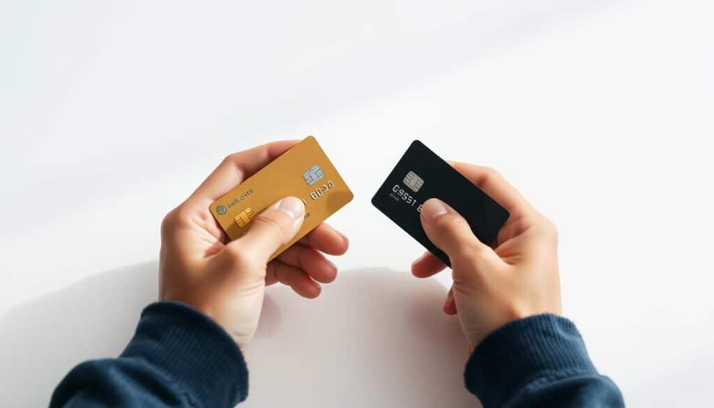 A well-lit, close-up photograph of a person's hands thoughtfully comparing two credit cards side-by-side on a clean, minimalist surface. The cards are positioned at an angle, allowing the viewer to clearly see the key features like the logo, design, and embossed numbers. The person's hands are carefully examining the cards, conveying a sense of consideration and decision-making. The overall mood is calm, focused, and informative, with a soft, natural lighting that accentuates the details of the cards. The background is a simple, uncluttered space, allowing the credit cards to be the central focus of the image.