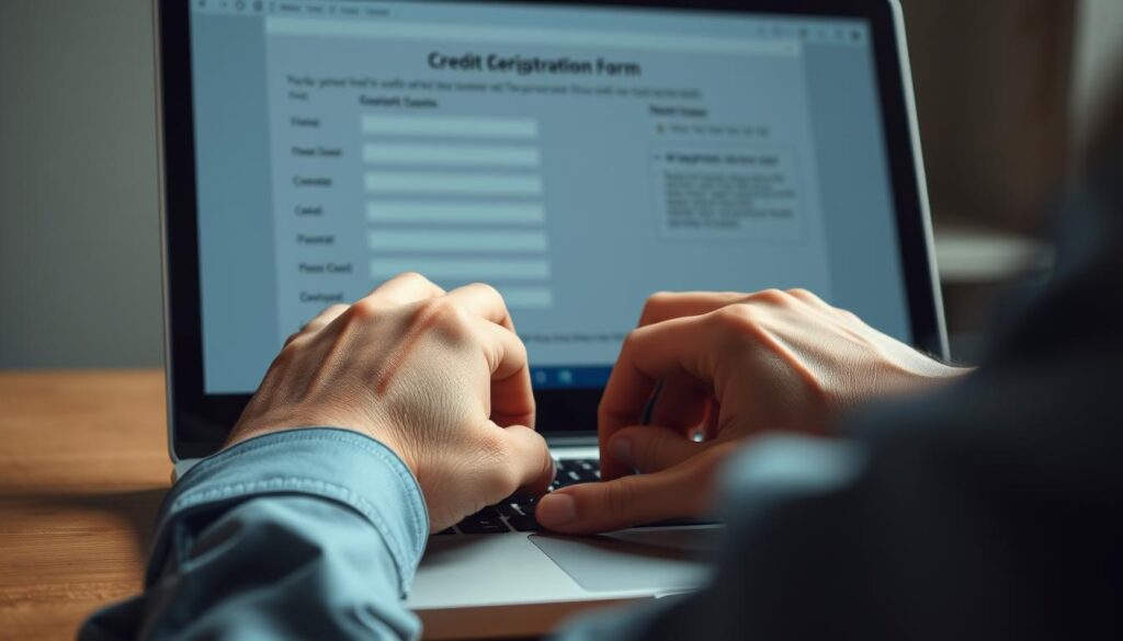 A well-lit, close-up view of a person's hands struggling to fill in an online credit card registration form on a laptop screen. The background is blurred, creating a sense of focus on the hands and the screen. The hands are tense, with furrowed brows, indicating confusion or frustration. The screen displays a complex form with various fields and instructions, creating a sense of complexity and potential for mistakes. The overall mood is one of mild anxiety and the need for a clear, simplified process to avoid common errors when signing up for a credit card online.