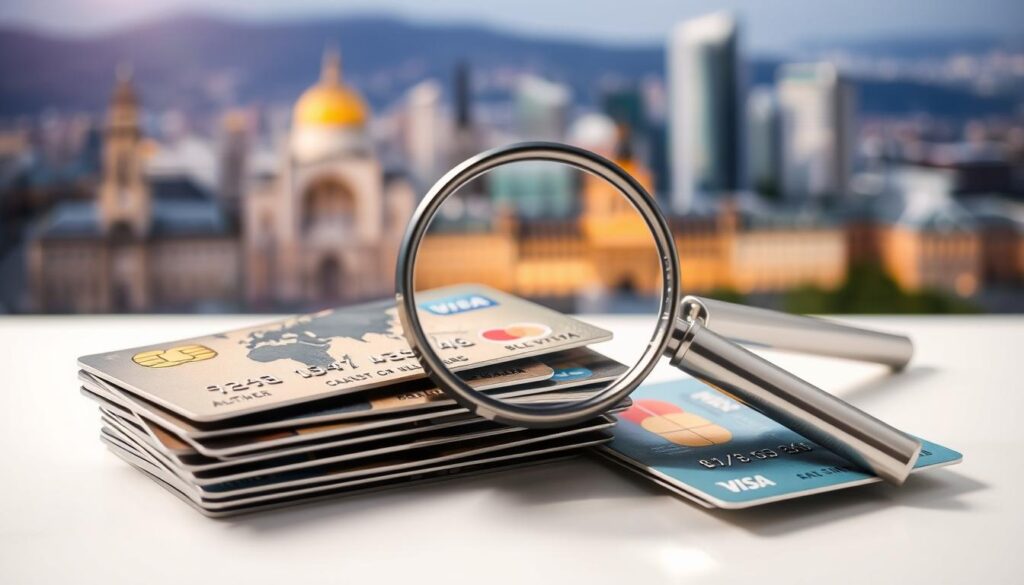 A well-lit, detailed illustration depicting the key factors to consider when choosing a credit card in Bulgaria. In the foreground, a stack of credit cards with various designs and logos, representing the wide selection available. In the middle ground, a magnifying glass examining the details of the cards, symbolizing the careful evaluation process. In the background, a blurred cityscape with financial landmarks, conveying the broader context of personal finance. The overall composition should exude a sense of thoughtfulness, research, and an informed decision-making process for the credit card selection.