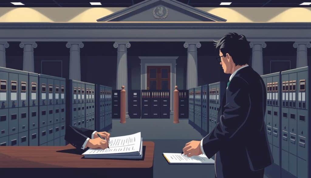 A well-lit, detailed illustration of a business registration process. In the foreground, a businessman in a suit stands at a government office counter, filling out official documents. In the middle ground, rows of filing cabinets and legal binders suggest the administrative bureaucracy. The background features an architectural facade with pillars, suggesting a formal government building. Soft, directional lighting creates dramatic shadows, emphasizing the seriousness and gravity of the legal and administrative steps involved in starting a business. The overall mood is professional, yet slightly austere, reflecting the formal, procedural nature of the business registration process.