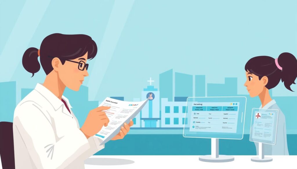 A well-lit, detailed illustration of a healthcare insurance plan selection process. A person in the foreground is carefully reviewing and comparing different health insurance packages, with options and benefits displayed on transparent screens. In the middle ground, there is a medical facility or hospital, representing the healthcare services covered by the plans. The background features a cityscape, symbolizing the broader societal context. The overall scene conveys a sense of thoughtful decision-making, with the person making an informed choice that will provide reliable, comprehensive health coverage. A well-lit, detailed illustration of a healthcare insurance plan selection process. A person in the foreground is carefully reviewing and comparing different health insurance packages, with options and benefits displayed on transparent screens. In the middle ground, there is a medical facility or hospital, representing the healthcare services covered by the plans. The background features a cityscape, symbolizing the broader societal context. The overall scene conveys a sense of thoughtful decision-making, with the person making an informed choice that will provide reliable, comprehensive health coverage.