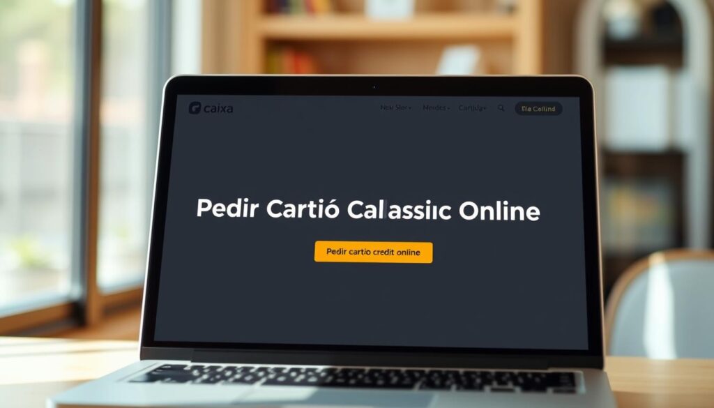 A well-lit digital banking interface with a prominent "Pedir Cartão Caixa Classic Online" call-to-action button. The layout features a minimalist design with clean typography and subtle branding elements. The interface is displayed on a laptop or desktop computer screen, with a modern and professional aesthetic. The background is slightly blurred, creating a sense of depth and focus on the main task at hand. Warm, natural lighting illuminates the scene, conveying a sense of trust and accessibility. The overall composition guides the viewer's attention towards the key step of requesting the Caixa Classic credit card online. A well-lit digital banking interface with a prominent "Pedir Cartão Caixa Classic Online" call-to-action button. The layout features a minimalist design with clean typography and subtle branding elements. The interface is displayed on a laptop or desktop computer screen, with a modern and professional aesthetic. The background is slightly blurred, creating a sense of depth and focus on the main task at hand. Warm, natural lighting illuminates the scene, conveying a sense of trust and accessibility. The overall composition guides the viewer's attention towards the key step of requesting the Caixa Classic credit card online.