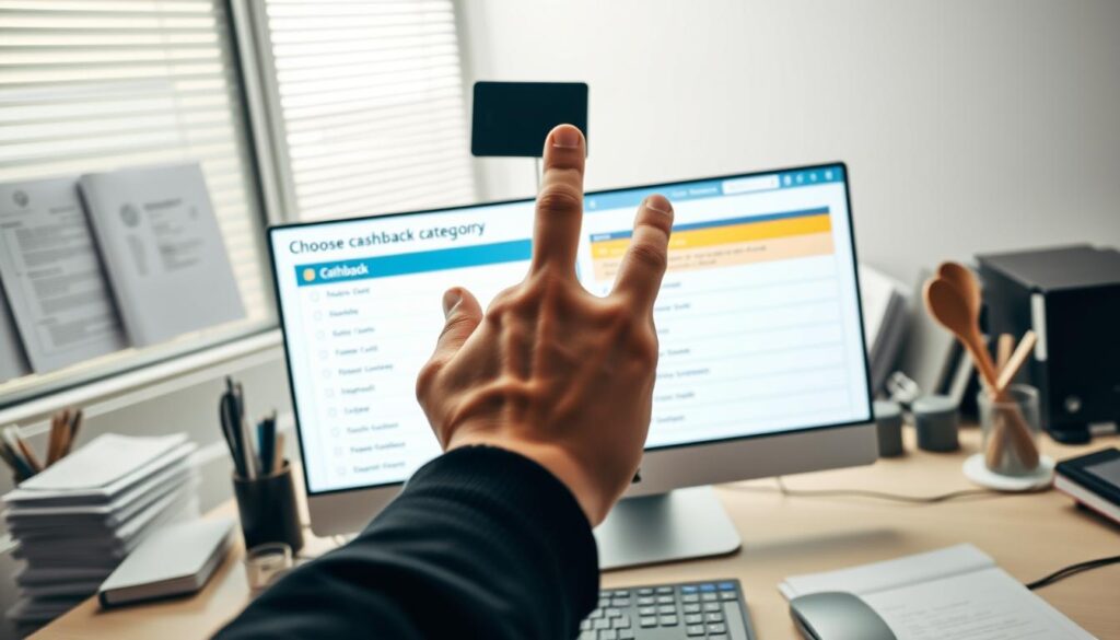 A well-lit financial office setting with a desktop computer, office supplies, and a card reader. In the foreground, a person's hand hovers over a list of cashback categories on the computer screen, indicating the "Choose cashback category" process. The image has a clean, professional aesthetic with muted colors, warm lighting, and a sense of focus and decision-making. The composition draws the viewer's attention to the key action of selecting the optimal cashback category for one's lifestyle and spending habits.