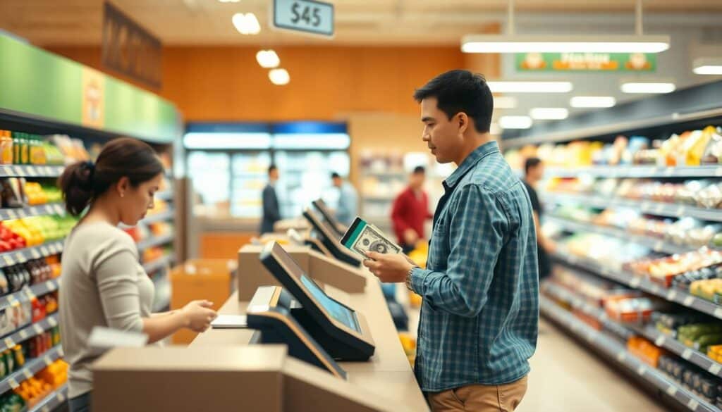 A well-lit, high-angle shot of a checkout counter at a grocery store, with a customer standing at the register and a cashier behind the counter. The customer is holding a credit card and cash, indicating they are using the "cash back" feature. The scene is clean, organized, and conveys a sense of efficiency and convenience. The lighting is warm and natural, creating a welcoming atmosphere. The camera is positioned slightly above the scene, giving a bird's-eye view and emphasizing the ease of the transaction. The overall mood is one of everyday financial empowerment and routine savings.