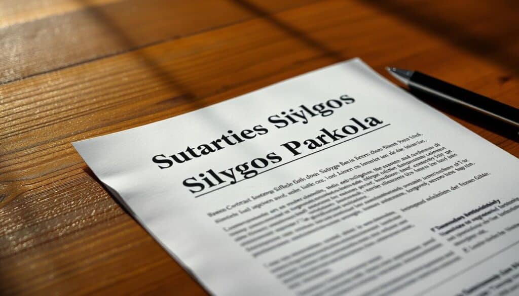 A well-lit, high-contrast image of a contract or legal document titled "Sutarties Sąlygos Paskola" (Loan Contract Conditions) against a background of a wooden desk or table. The document should be the focal point, with crisp typography and clear, legible text. The composition should convey a sense of professionalism, attention to detail, and the importance of thoroughly understanding the terms before signing a loan agreement. The lighting should create dramatic shadows and highlights, emphasizing the gravity and significance of the subject matter. The overall mood should be one of careful consideration and decision-making.