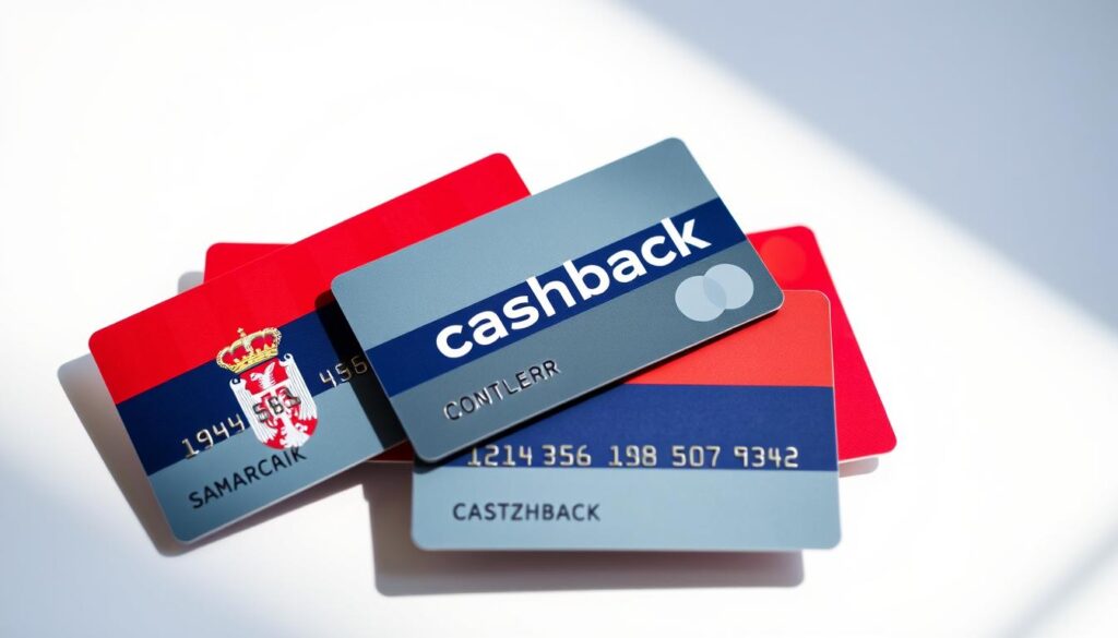 A well-lit, high-quality photograph of several credit cards with the Serbian flag and the word "cashback" prominently displayed. The cards should be arranged in an elegant, visually appealing manner, with a clean, minimalist background that emphasizes their design and features. The image should convey a sense of modern, sophisticated financial services available to Serbian consumers. Subtle reflections and soft shadows should add depth and dimension to the scene. The overall mood should be one of trust, reliability, and financial empowerment. A well-lit, high-quality photograph of several credit cards with the Serbian flag and the word "cashback" prominently displayed. The cards should be arranged in an elegant, visually appealing manner, with a clean, minimalist background that emphasizes their design and features. The image should convey a sense of modern, sophisticated financial services available to Serbian consumers. Subtle reflections and soft shadows should add depth and dimension to the scene. The overall mood should be one of trust, reliability, and financial empowerment.