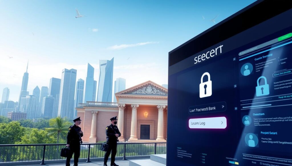 A well-lit, high-resolution illustration depicting the concept of banking security. In the foreground, a modern banking interface showing secure login, encrypted transactions, and authentication measures. In the middle ground, a bank building with security features like access controls, surveillance cameras, and armed guards. In the background, a cityscape with financial district skyscrapers, symbolizing the broader financial ecosystem. The overall scene conveys a sense of safety, reliability, and consumer protection in banking services. A well-lit, high-resolution illustration depicting the concept of banking security. In the foreground, a modern banking interface showing secure login, encrypted transactions, and authentication measures. In the middle ground, a bank building with security features like access controls, surveillance cameras, and armed guards. In the background, a cityscape with financial district skyscrapers, symbolizing the broader financial ecosystem. The overall scene conveys a sense of safety, reliability, and consumer protection in banking services.