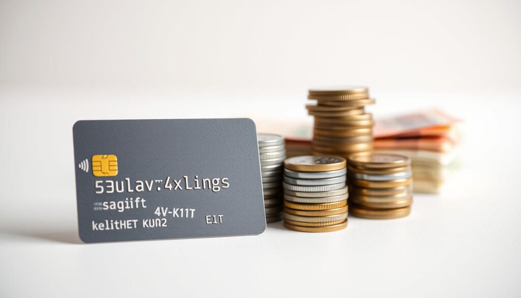 A well-lit, high-resolution image depicting the concept of "valutaväxlingsavgift kreditkort". The foreground shows a credit card with a focus on the text "valutaväxlingsavgift" printed on its surface, conveying the idea of foreign currency exchange fees associated with credit card usage. The middle ground features a stack of coins and banknotes in various currencies, representing the financial implications of these fees. The background is a clean, minimalist space with a soft, neutral color palette, emphasizing the financial nature of the subject. The lighting is natural and evenly distributed, creating a sense of clarity and professionalism. The overall composition and mood aim to illustrate the important concept of currency exchange fees in a credit card context.