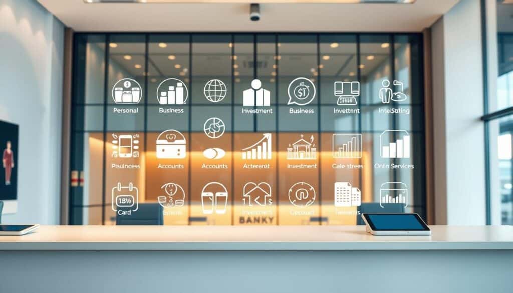 A well-lit, high-resolution image showcasing an array of banking services and account types. The foreground features a modern, minimalist bank counter with touch screens and tablet devices, while the middle ground displays a variety of account icons, symbols, and infographics. In the background, a sleek, glass-paneled interior with warm lighting creates a professional, welcoming atmosphere. The composition emphasizes the diversity of banking options, from personal and business accounts to investment and online services, all presented in a clean, visually appealing manner that reflects the sophistication of the banking industry. A well-lit, high-resolution image showcasing an array of banking services and account types. The foreground features a modern, minimalist bank counter with touch screens and tablet devices, while the middle ground displays a variety of account icons, symbols, and infographics. In the background, a sleek, glass-paneled interior with warm lighting creates a professional, welcoming atmosphere. The composition emphasizes the diversity of banking options, from personal and business accounts to investment and online services, all presented in a clean, visually appealing manner that reflects the sophistication of the banking industry.