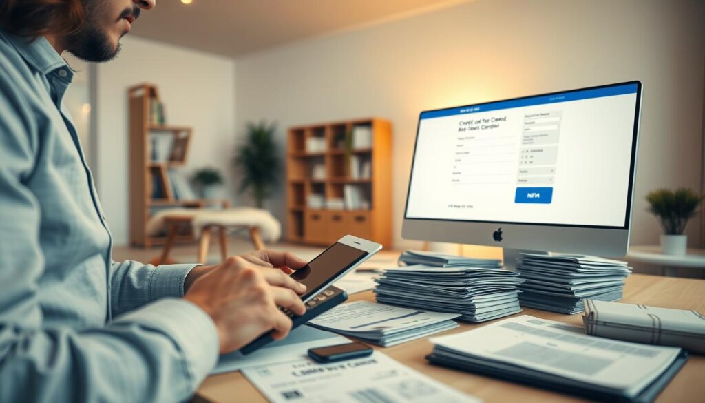 A well-lit, high-resolution scene depicting the preparation process for a credit card application. Set in a clean, organized home office, the foreground shows a person reviewing financial documents, calculator, and a computer with an online credit card application form open. The middle ground features carefully arranged stacks of bills, pay stubs, and other relevant paperwork. The background showcases a minimalist decor with modern furniture and warm, diffused lighting, creating a serene, focused atmosphere. The overall composition conveys a sense of diligence, attention to detail, and financial responsibility in the credit card application process.