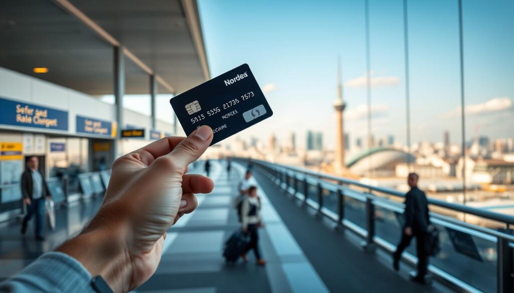 A well-lit, high-resolution scene depicting the safe usage of a Nordea credit card while traveling abroad. The foreground shows a hand holding a credit card, with a passport, maps, and other travel documents in the background. The middle ground features a modern airport terminal with signage and travelers in the distance. The background showcases an international cityscape with iconic landmarks, suggesting a cosmopolitan setting. The lighting is natural and warm, creating a sense of security and comfort. The overall mood is one of careful preparation and confident international navigation, reflecting the key advice for using a Nordea card safely while traveling.