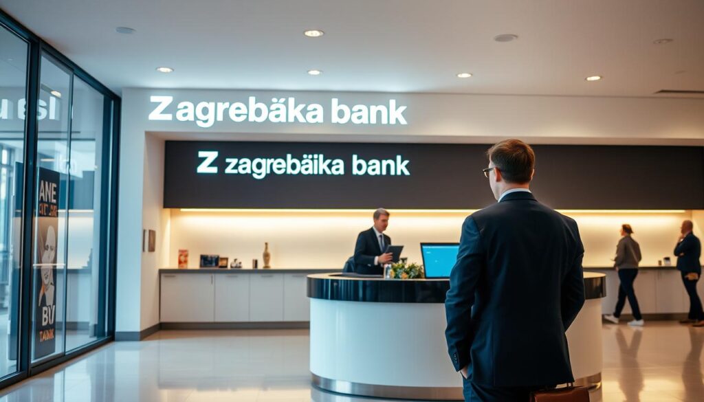 A well-lit interior of a Zagrebačka banka branch, with a customer approaching the service counter. The foreground features a person in formal attire standing before the counter, engaged in a conversation with a bank employee. The middle ground showcases the branch's sleek and modern design, with clean lines, neutral tones, and subtle branding elements. In the background, other customers are visible, creating a sense of activity and a professional, yet welcoming atmosphere. The lighting is warm and subtle, with a combination of natural and artificial sources, reflecting the bank's commitment to customer service and a positive banking experience.