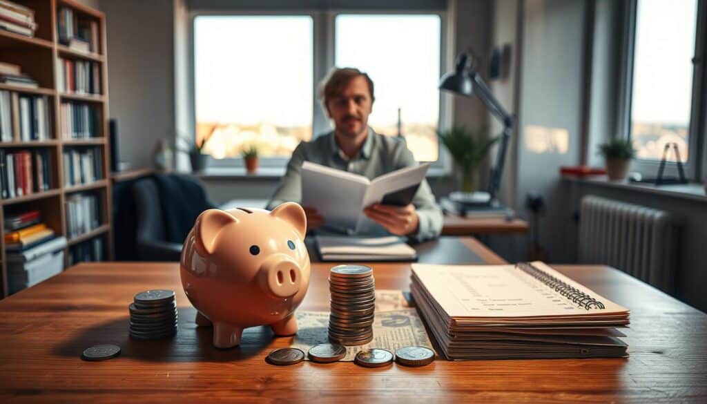 A well-lit interior scene showcasing various Danish personal savings methods. In the foreground, a piggy bank, a stack of coins, and a savings account passbook are neatly arranged on a wooden table. In the middle ground, a person sits at a desk, intently reviewing financial documents. The background features bookshelves filled with financial planning resources and a window overlooking a scenic Danish cityscape. The lighting is warm and inviting, creating a sense of financial security and stability. The overall composition conveys a cohesive and informative illustration of the diverse savings options available in Denmark.