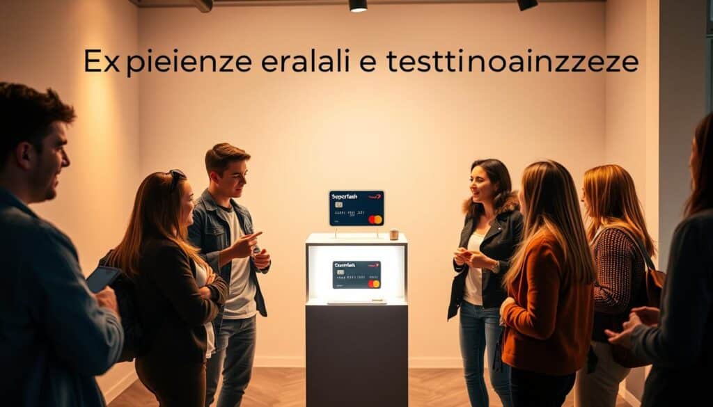 A well-lit, intimate setting showcasing real customer reviews for the Carta Superflash prepaid card. In the foreground, a group of young adults enthusiastically discussing their experiences using the card, captured in a candid, natural manner. The middle ground features a sleek, modern display stand showcasing the Carta Superflash product, highlighted by warm, soft lighting. The background subtly blurs into a clean, minimalist space, creating a sense of focus on the testimonials and the product itself. The overall atmosphere conveys a sense of authenticity, relevance, and youthful energy, perfectly complementing the section title "Esperienze reali e testimonianze". A well-lit, intimate setting showcasing real customer reviews for the Carta Superflash prepaid card. In the foreground, a group of young adults enthusiastically discussing their experiences using the card, captured in a candid, natural manner. The middle ground features a sleek, modern display stand showcasing the Carta Superflash product, highlighted by warm, soft lighting. The background subtly blurs into a clean, minimalist space, creating a sense of focus on the testimonials and the product itself. The overall atmosphere conveys a sense of authenticity, relevance, and youthful energy, perfectly complementing the section title "Esperienze reali e testimonianze".