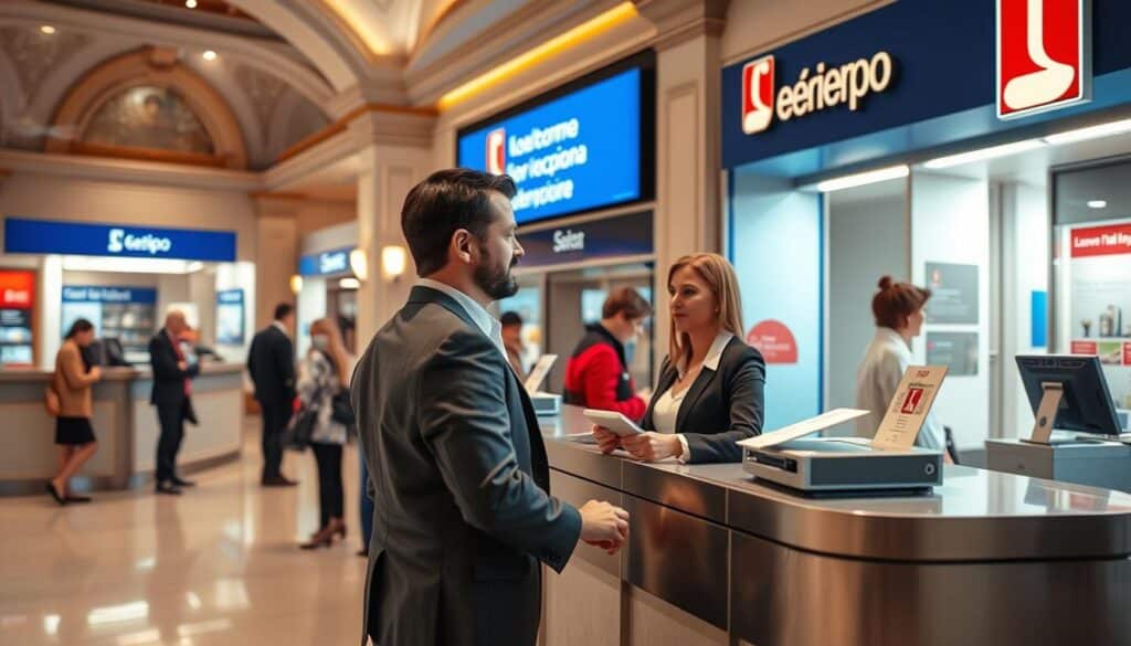 A well-lit, modern bank interior with a prominent reception desk and queuing area. In the foreground, a person in professional attire is interacting with a bank teller, indicating the process of requesting a Carta Superflash. The teller's expression and body language convey helpfulness and efficiency. The background features other customers, signage, and architectural details that evoke a typical Italian bank environment. The lighting is warm and inviting, creating a welcoming atmosphere. The composition emphasizes the focal point of the customer-teller interaction, drawing the viewer's attention to the core activity being depicted. A well-lit, modern bank interior with a prominent reception desk and queuing area. In the foreground, a person in professional attire is interacting with a bank teller, indicating the process of requesting a Carta Superflash. The teller's expression and body language convey helpfulness and efficiency. The background features other customers, signage, and architectural details that evoke a typical Italian bank environment. The lighting is warm and inviting, creating a welcoming atmosphere. The composition emphasizes the focal point of the customer-teller interaction, drawing the viewer's attention to the core activity being depicted.