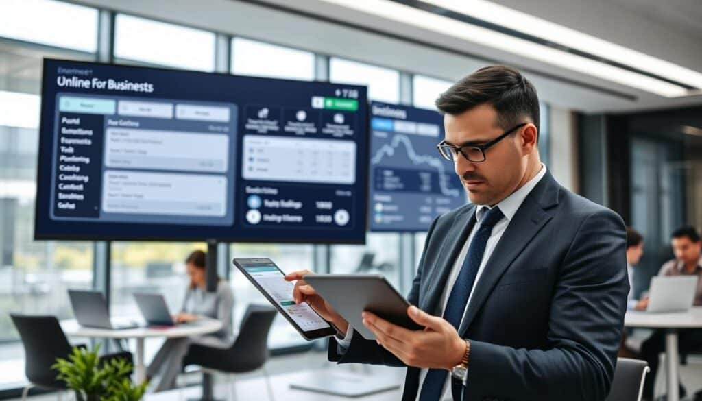 A well-lit, modern office interior with a large computer monitor showcasing an interactive online banking platform. The user interface displays various financial management tools and transaction options tailored for businesses, with clean typography and intuitive navigation. In the foreground, a businessman in a suit is reviewing account statements and making digital payments on a tablet device, while colleagues collaborate on laptops in the background. The scene conveys a sense of efficiency, security, and technological sophistication supporting international business operations. A well-lit, modern office interior with a large computer monitor showcasing an interactive online banking platform. The user interface displays various financial management tools and transaction options tailored for businesses, with clean typography and intuitive navigation. In the foreground, a businessman in a suit is reviewing account statements and making digital payments on a tablet device, while colleagues collaborate on laptops in the background. The scene conveys a sense of efficiency, security, and technological sophistication supporting international business operations.