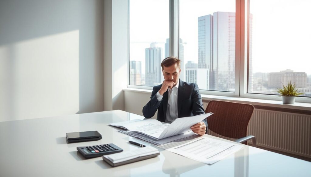 A well-lit, modern office interior with a large window overlooking a vibrant cityscape. On a clean, minimalist desk, a calculator, a pen, and various financial documents are neatly arranged. A person, dressed in business attire, is seated at the desk, deep in thought, examining the documents and considering tax optimization strategies. Soft, directional lighting illuminates the scene, creating a sense of focus and professionalism. The overall mood is one of diligence, concentration, and financial acumen.