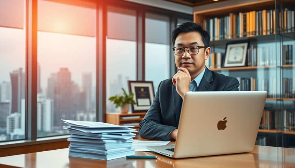 A well-lit, modern office setting, with a large window overlooking a bustling city skyline. On the desk, a stack of financial documents, a laptop, and a Pinoy entrepreneur thoughtfully gazing at the camera, dressed in business casual attire. Behind them, bookshelves filled with investment-related literature, and a framed certificate or award hinting at their expertise. The lighting is warm and inviting, casting a professional, authoritative atmosphere. The composition highlights the Pinoy investor's confidence and their dedication to providing sound investment tips to their fellow countrymen.
