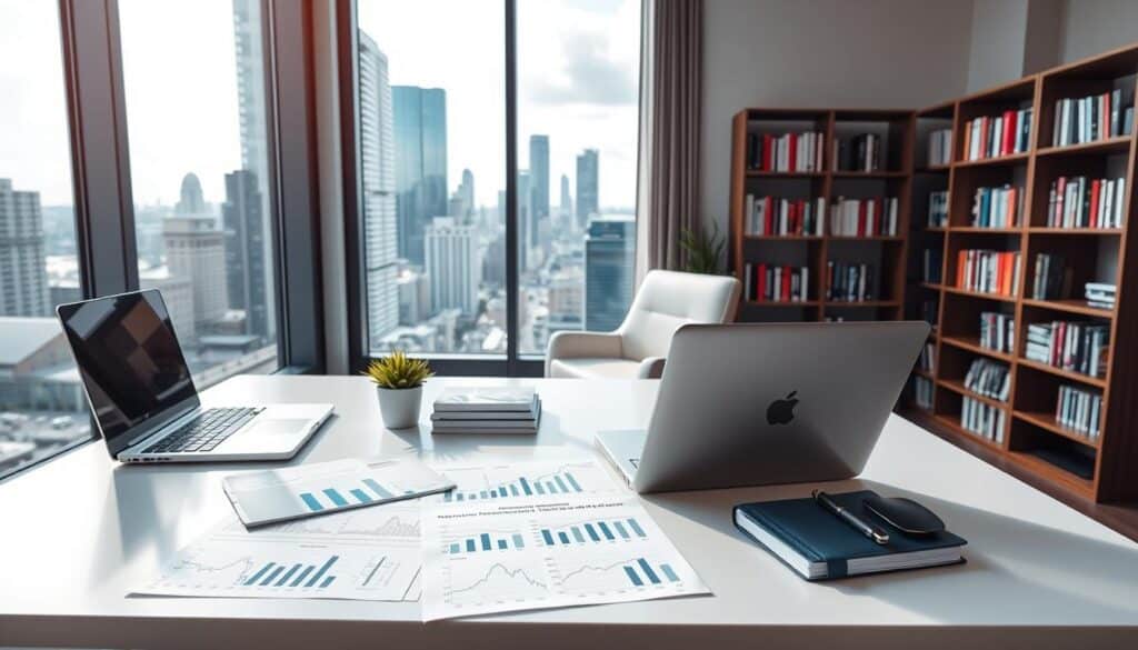 A well-lit, modern office setting with a large window overlooking a cityscape. In the foreground, a sleek, minimalist desk with a laptop, a couple of books, and a potted plant. On the desk, various financial documents and charts depicting investment strategies for beginners, reflecting the "Pametne naložbene možnosti za začetnike" section title. The middle ground features a comfortable office chair and a bookshelf filled with finance-related books. The background showcases the urban landscape outside, with skyscrapers and a vibrant, bustling city. The overall mood is one of focus, productivity, and the promise of financial growth for those just starting their investment journey.