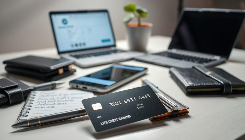 A well-lit, neatly arranged still life featuring various banking and payment items. In the foreground, a modern debit or credit card is prominently displayed, its design and details clearly visible. Surrounding it are other banking essentials such as a sleek wallet, a pen, and a notebook with handwritten notes. The middle ground includes a smartphone with a mobile banking app open, and in the background, a minimalist desk with a laptop computer and a potted plant, conveying a sense of a organized, efficient personal finance setup. The lighting is soft and diffused, creating depth and highlighting the textures of the materials. The overall mood is one of practicality, organization, and thoughtful financial management.