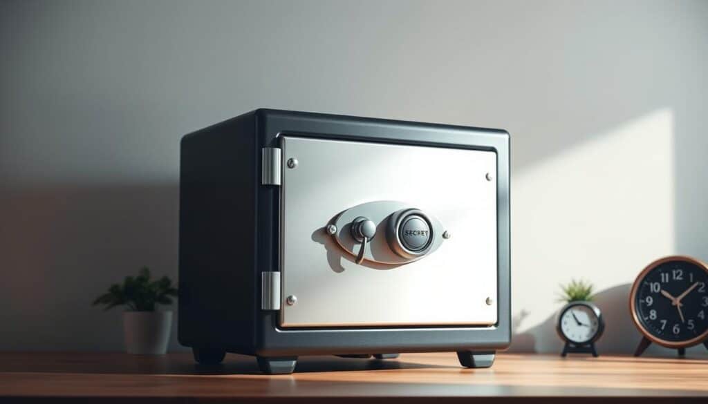A well-lit, neatly-organized safe, the focal point of the composition. Its metal body gleams under a soft, even light, casting subtle shadows that accentuate its sturdy construction. The safe is positioned on a wooden surface, surrounded by minimal decor - perhaps a potted plant or a simple clock - to maintain the sense of order and security. The background is a muted, neutral palette, allowing the safe to stand out as the central, commanding element. An atmosphere of calm, professional control pervades the scene, reflecting the importance of properly storing and safeguarding one's financial assets.