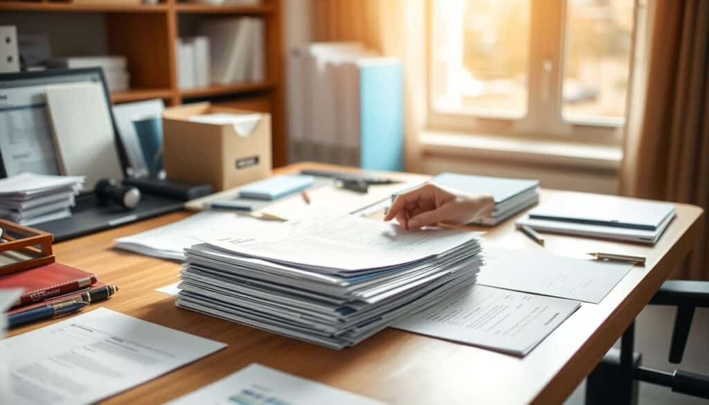 A well-lit office desk, meticulously organized with various business supplies and documents, serves as the focal point. On the desk, a stack of invoices, receipts, and bank statements are neatly arranged, as a professional hand carefully examines each item. The scene is bathed in a warm, natural light that filters in through a nearby window, creating a sense of productivity and attention to detail. The background is slightly blurred, emphasizing the importance of the desk and its contents. The overall mood is one of diligence and attention to financial matters, reflecting the subject of the article's section on common mistakes and how to avoid them.