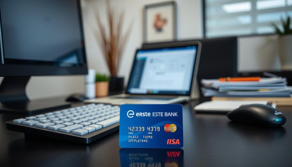 A well-lit office desk with a desktop computer, keyboard, and mouse. In the foreground, an Erste Bank Mastercard Standard credit card is prominently displayed, reflecting the clean, modern branding of the bank. The middle ground features a tablet or laptop displaying an online banking interface, with a form or application process visible on the screen. The background depicts a professional, corporate environment with minimal, tasteful decor. The overall mood is one of efficiency, reliability, and a seamless banking experience. A well-lit office desk with a desktop computer, keyboard, and mouse. In the foreground, an Erste Bank Mastercard Standard credit card is prominently displayed, reflecting the clean, modern branding of the bank. The middle ground features a tablet or laptop displaying an online banking interface, with a form or application process visible on the screen. The background depicts a professional, corporate environment with minimal, tasteful decor. The overall mood is one of efficiency, reliability, and a seamless banking experience.