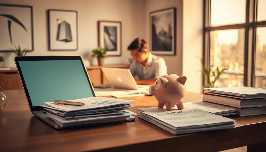 A well-lit office desk with a laptop, a stack of financial documents, and a piggy bank on the side. In the middle ground, a person sitting at the desk, deeply focused on their work. The background features modern office decor, including minimalist wall art and a large window overlooking a cityscape. The scene conveys a sense of diligence, strategic planning, and the journey of building wealth through smart financial decisions. The lighting is warm and inviting, creating a productive and contemplative atmosphere.