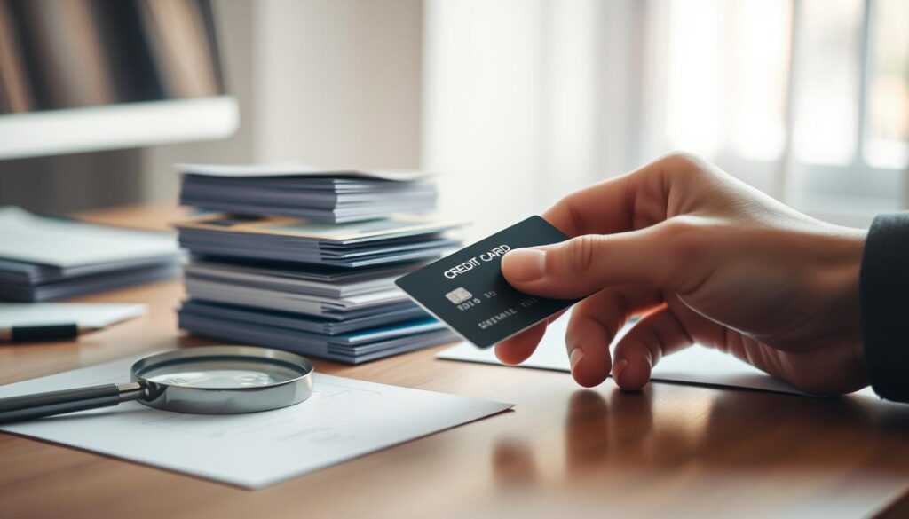 A well-lit office desk, with a stack of credit cards, a magnifying glass, and a pen neatly arranged. In the foreground, a person's hand is carefully examining a card, as if evaluating its features. The background is slightly blurred, creating a sense of focus on the card selection process. Soft, natural lighting illuminates the scene, conveying a contemplative and thoughtful atmosphere. The image suggests the importance of carefully considering card options and personalized strategies when selecting the right financial product.