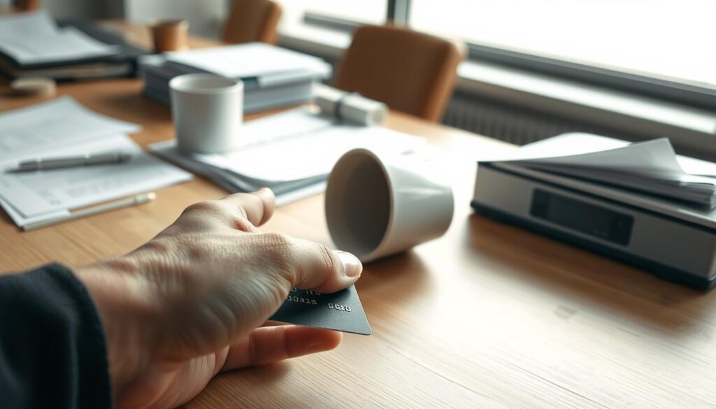 A well-lit office desk with scattered papers, an overturned coffee mug, and a lone credit card lying on the surface. The card's edges are slightly frayed, indicating it has been misplaced. In the foreground, a person's hand reaches for the card, conveying a sense of urgency and concern. The background is blurred, focusing the viewer's attention on the desk and the lost card. The overall mood is one of frustration and the need for immediate action to address the situation.