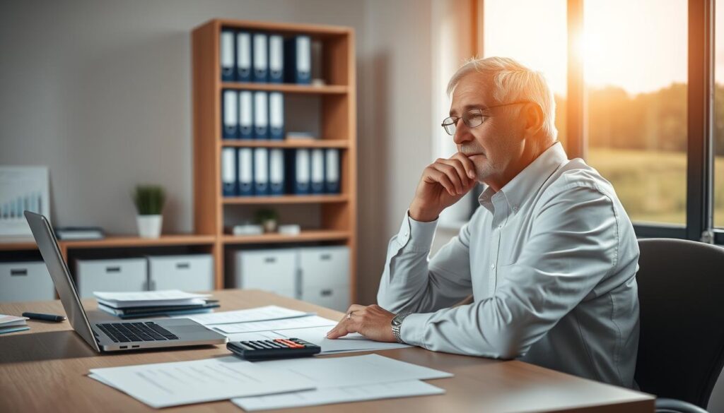 A well-lit office interior, a desk with a laptop, calculator, and financial documents neatly arranged. In the foreground, a mature person sitting thoughtfully, contemplating retirement planning. The middle ground features shelves with labeled binders, representing different financial strategies. The background showcases a window with a serene landscape, symbolizing the tranquility of financial security in retirement. The lighting is warm and inviting, creating a sense of professionalism and comfort. The overall scene conveys a thoughtful, organized approach to "økonomisk planlægning" for one's retirement years.