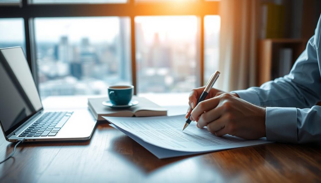A well-lit office setting, with a laptop, documents, and a pen on a wooden desk. In the foreground, a pair of hands carefully reviewing contract amendments, focusing on the details. In the middle ground, a law book and a cup of coffee, suggesting a professional, business-like atmosphere. The background features a window overlooking a city skyline, creating a sense of context and professionalism. The lighting is warm and inviting, highlighting the seriousness of the task at hand. The overall mood is one of thoughtful concentration, reflecting the importance of the legal and contractual aspects of credit extension.