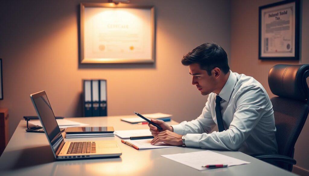 A well-lit office setting with a large desk and an ergonomic chair. On the desk, a laptop, a calculator, and various financial documents neatly arranged. Hanging on the wall, a framed certificate or diploma related to taxation or finance. Warm, professional lighting casts a subtle glow, creating a contemplative atmosphere. In the foreground, a person in formal attire sits at the desk, deep in thought, a pen in hand, considering the tax implications of credit card rewards. The overall scene conveys a sense of careful deliberation and attention to detail when it comes to maximizing credit card benefits while navigating the tax landscape.