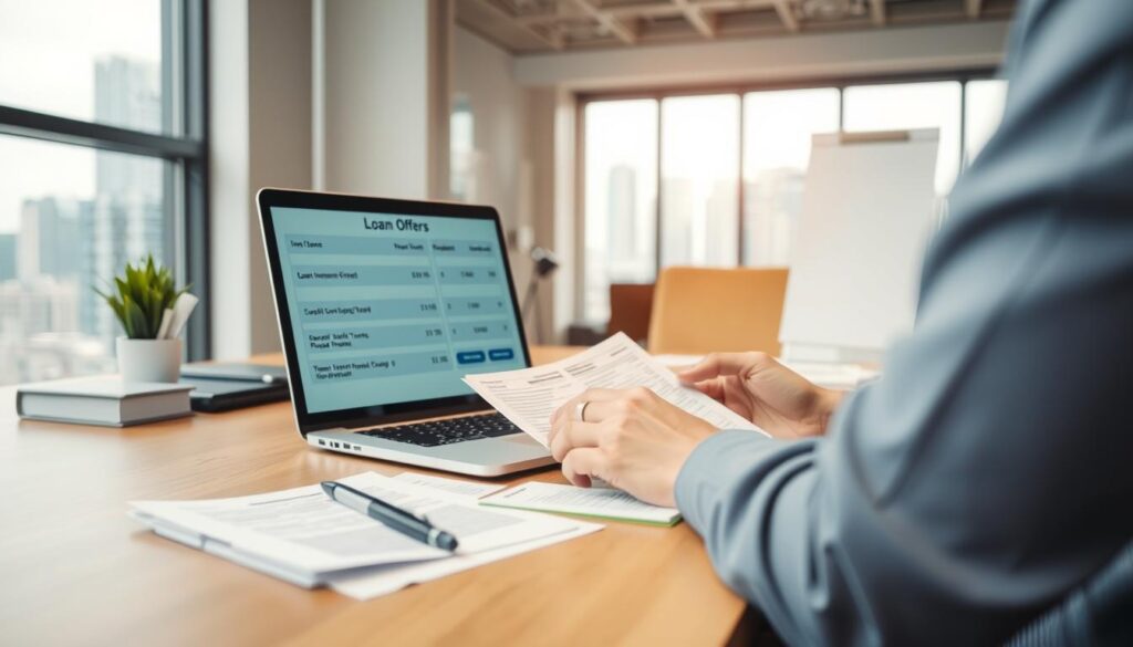 A well-lit office workspace with a wooden desk, laptop, and office supplies. In the foreground, a person is comparing loan offers on the laptop screen, carefully analyzing and comparing the key criteria such as interest rates, fees, and repayment terms. The middle ground features a stack of documents, a calculator, and a pen, suggesting the process of research and decision-making. The background shows a large window overlooking a cityscape, creating a sense of professionalism and productivity. The overall mood is one of focus, diligence, and financial responsibility, reflecting the importance of carefully comparing credit options.