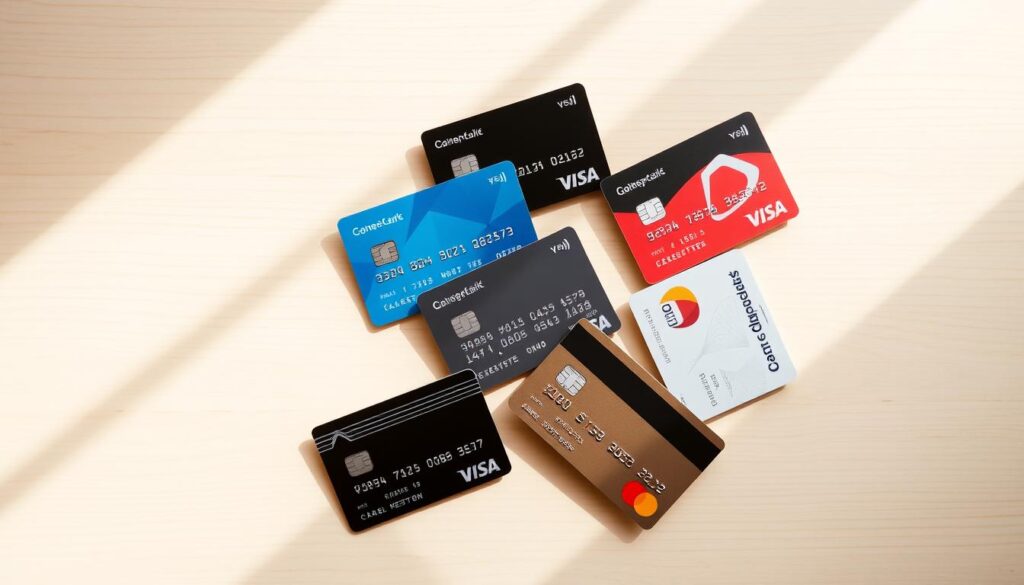 A well-lit overhead shot of a variety of credit cards neatly arranged on a light-colored wooden surface. The cards feature different logos and designs, conveying a sense of choice and financial flexibility. The composition emphasizes the cards' sleek, modern appearance, with a warm, inviting atmosphere that suggests everyday usability. The lighting is natural and diffused, creating soft shadows and highlights that accentuate the cards' textures and materials. The background is slightly blurred, keeping the focus on the credit cards as the central subject.