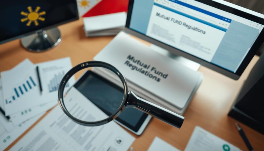 A well-lit overhead view of a neatly organized office desk, showcasing various financial documents, charts, and a tablet displaying regulatory information related to mutual funds in the Philippines. In the foreground, a magnifying glass hovers over important details, symbolizing the diligent oversight and scrutiny of the industry. The middle ground features a stack of folders labeled "Mutual Fund Regulations" and a desktop computer with a window open on compliance guidelines. The background subtly displays the Philippine flag, underscoring the local context. The overall tone conveys a sense of professionalism, transparency, and the safeguarding of investors' interests.