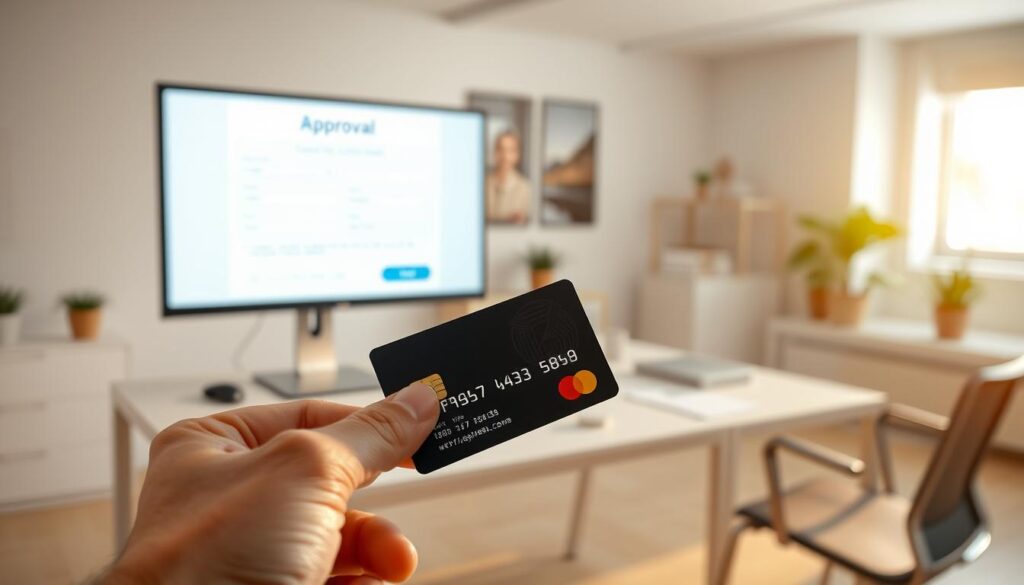 A well-lit, photorealistic scene of a credit card approval process. In the foreground, a person's hand holding a credit card, the card's details clearly visible. In the middle ground, a computer monitor displaying an approval interface with various fields and buttons. The background features a clean, minimalist office setting with a desk, chair, and other workplace accoutrements, bathed in warm, directional lighting. The overall atmosphere conveys a sense of efficiency, security, and professionalism associated with the credit card approval workflow. A well-lit, photorealistic scene of a credit card approval process. In the foreground, a person's hand holding a credit card, the card's details clearly visible. In the middle ground, a computer monitor displaying an approval interface with various fields and buttons. The background features a clean, minimalist office setting with a desk, chair, and other workplace accoutrements, bathed in warm, directional lighting. The overall atmosphere conveys a sense of efficiency, security, and professionalism associated with the credit card approval workflow.