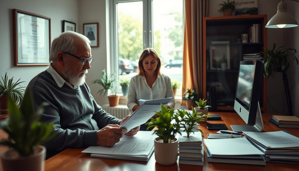 A well-lit scene depicting the retirement process in Bulgaria. In the foreground, an elderly person sitting at a desk, reviewing official documents and forms. Surrounding them, a warm, cozy office environment with potted plants, a framed diploma on the wall, and a desktop computer. In the middle ground, a middle-aged person, likely a financial advisor or retirement specialist, guiding the retiree through the paperwork. In the background, a window overlooking a bustling city street, suggesting the transition from work to retirement. The lighting is soft and inviting, creating a serene and contemplative atmosphere. The color palette includes earth tones, greens, and blues, reflecting the sense of stability and security. Overall, the image conveys the step-by-step process of retirement, from the initial paperwork to the anticipation of a new chapter in life.