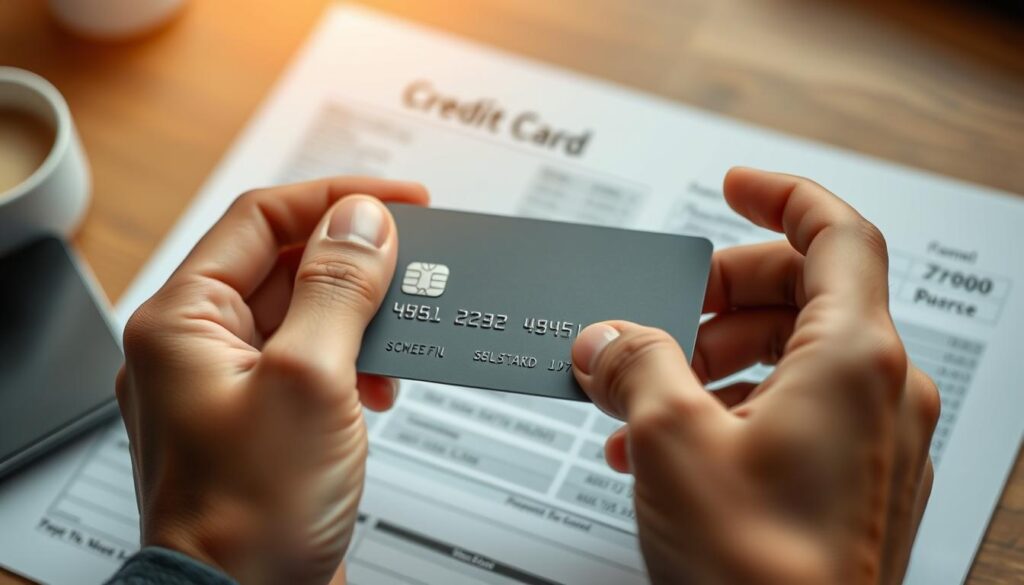 A well-lit scene of a person's hands holding a credit card, with a financial document or statement visible in the background. The card should be the focal point, with a clean, crisp presentation showcasing its design and material. The lighting should be warm and inviting, creating a sense of trust and professionalism. The composition should be balanced, with the background elements subtly complementing the main subject. The overall mood should convey the responsible and considered use of a credit card, hinting at the potential benefits it can provide.