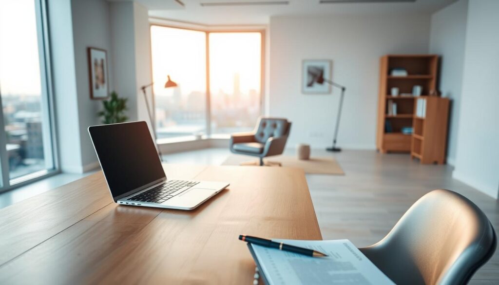A well-lit, spacious office interior with a modern and minimal aesthetic. In the foreground, a sleek wooden desk with a laptop, notepad, and pen. On the desk, a small stack of documents with the title "Maximera räntefri kredit" prominently displayed. In the middle ground, a comfortable chair and a large window overlooking a cityscape, bathed in warm, natural light. The background features clean white walls, a few pieces of modern art, and a subtle bookshelf. The overall mood is one of efficiency, organization, and financial savvy, perfectly capturing the essence of the "Practical tips for maximizing interest-free credit" section.