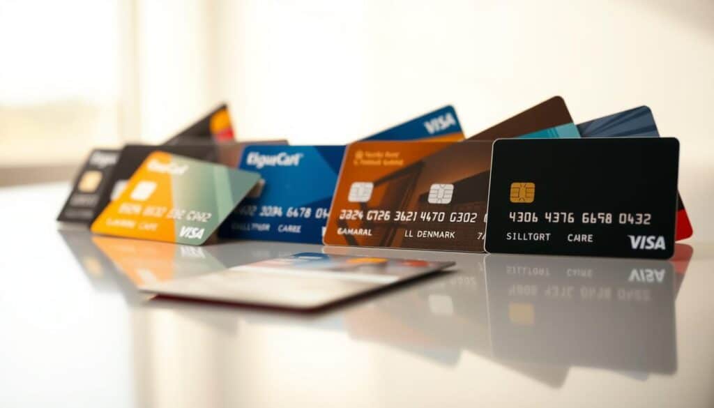 A well-lit studio shot of various credit cards arranged in a dynamic composition on a sleek, reflective surface. The cards should showcase different colors, designs, and logos to represent the "best credit cards in Denmark". Capture the cards from an eye-level angle with a shallow depth of field, allowing the foreground cards to be in sharp focus while the background blurs softly. Utilize warm, natural lighting to create a premium, high-end aesthetic. Include a sense of materiality and texture in the cards, suggesting their quality and durability. Convey a mood of sophistication, exclusivity, and financial security.