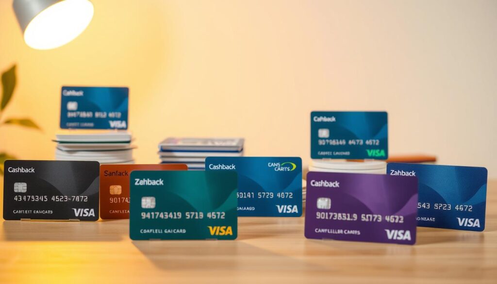 A well-lit tabletop scene showcasing and comparing various credit cards with cashback features. The cards are arranged in an organized, visually appealing display against a soft, neutral background. The cards are shown from various angles, highlighting their designs, logos, and key details. The scene conveys a sense of comparison and evaluation, with the cards positioned to emphasize their unique characteristics and benefits. The lighting is warm and natural, creating a pleasant and informative atmosphere. The overall composition is balanced and visually engaging, drawing the viewer's attention to the details of the cashback credit cards.