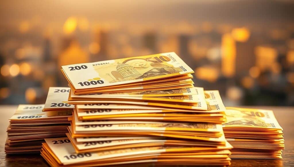 A well-organized and neatly stacked pile of Swedish krona banknotes, shimmering with a warm golden glow from the soft, diffused lighting. The bills are arranged in a symmetrical, visually appealing manner, conveying a sense of security and financial stability. In the background, a blurred, hazy cityscape sets the scene, hinting at the larger financial landscape. The overall mood is one of calm reassurance, highlighting the importance of building a robust emergency fund, as suggested by the section title "Vikten av att bygga en nödfond".