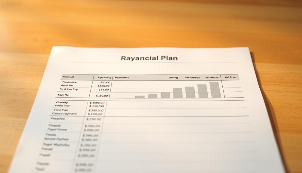 A well-organized and visually appealing financial plan with detailed repayment schedule. Warm, inviting lighting illuminates the clean, minimalist layout on crisp white paper. Neat columns of numbers and calculations convey a sense of control and structure. The overall composition exudes a feeling of financial responsibility and progress towards debt-free goals. The focal point is a clear, legible timeline of upcoming payments, represented by a simple bar graph. Subtle textures in the background suggest the tactile quality of the document. A high-resolution, high-contrast illustration that inspires confidence in the viewer's ability to successfully manage their finances.