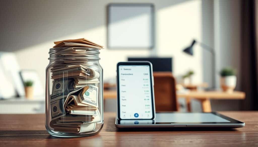 A well-organized and visually compelling image of a personal finance savings fund. In the foreground, a glass jar or container filled with stacks of various currency bills, representing the accumulation of funds. The middle ground showcases a digital tablet or smartphone displaying a simple, elegant financial planning interface, symbolizing the management and tracking of the savings. In the background, a blurred scene of a modern, minimalist home office or workspace, conveying a sense of order, discipline, and financial responsibility. The lighting is soft and natural, creating a calming, contemplative atmosphere. The overall composition emphasizes the importance of building a financial safety net through diligent savings and effective money management.
