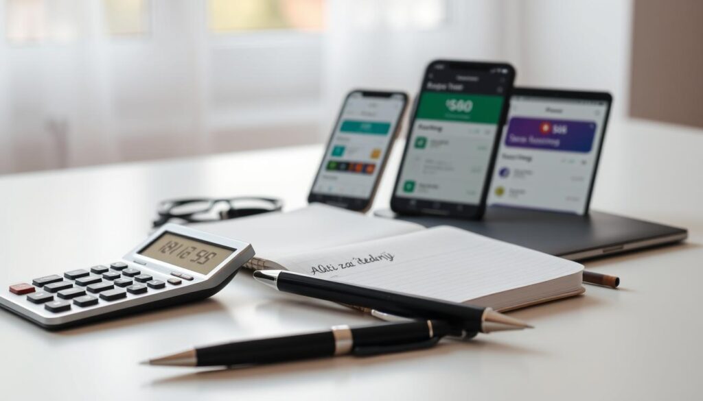 A well-organized collection of personal finance tools and resources on a clean, minimalist desk. In the foreground, a sleek calculator, a pen, and a notebook with a handwritten title "Alati za štednju". In the middle ground, a smartphone and a tablet displaying budgeting apps and savings trackers. The background features a softly blurred window, allowing natural light to create a warm, productive atmosphere. The lighting is soft and diffused, creating subtle shadows and highlights that accentuate the tools' forms and textures. The overall composition conveys a sense of organization, efficiency, and a focus on personal financial management.